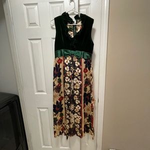 Hand Made Full Length Gown, Green Velvet top with floral bottom